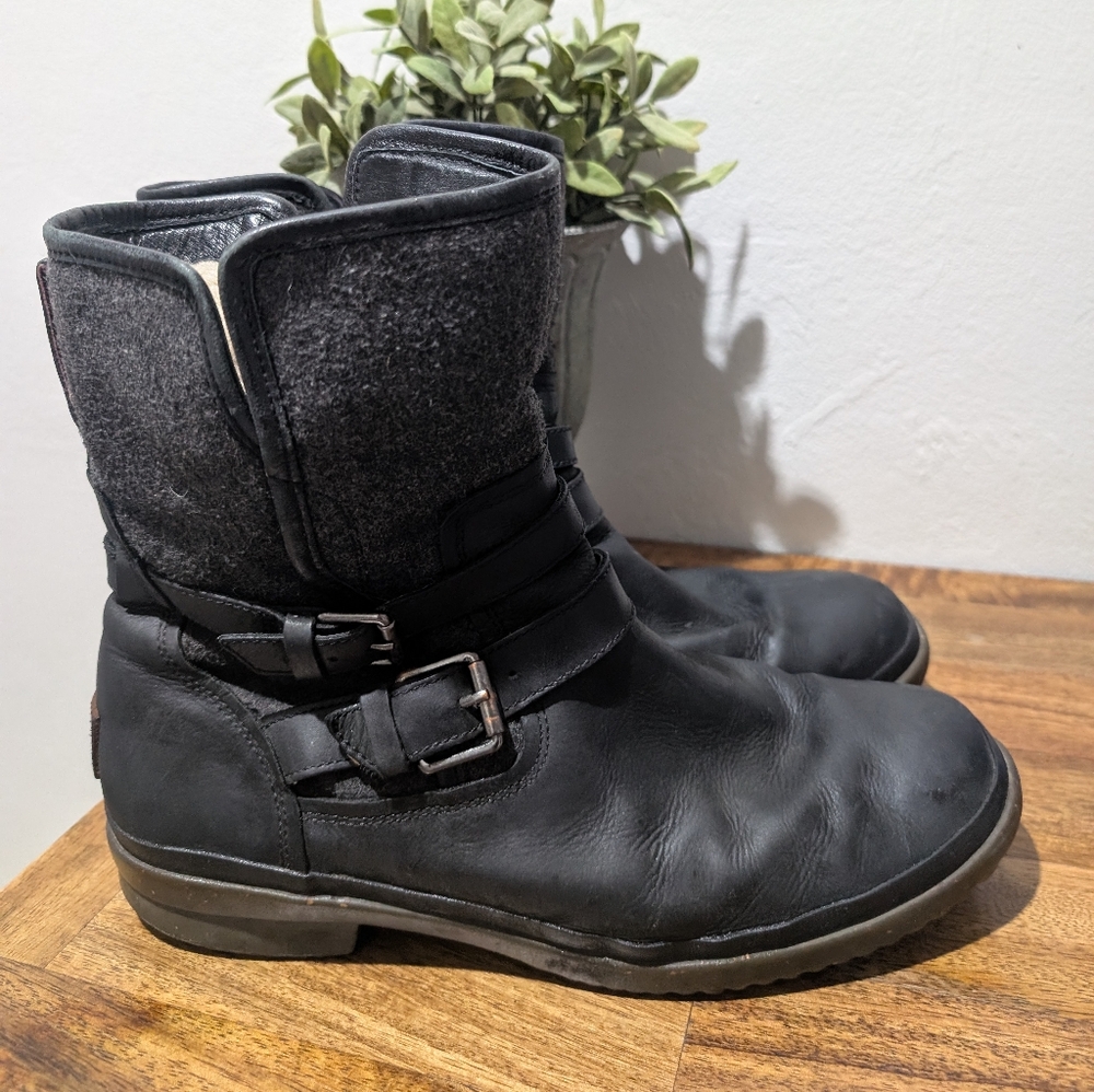 UGG Womens Simmens Ankle Bootie Sz 11 Black Leather Gray Wool 1005269 Side‎ Zip